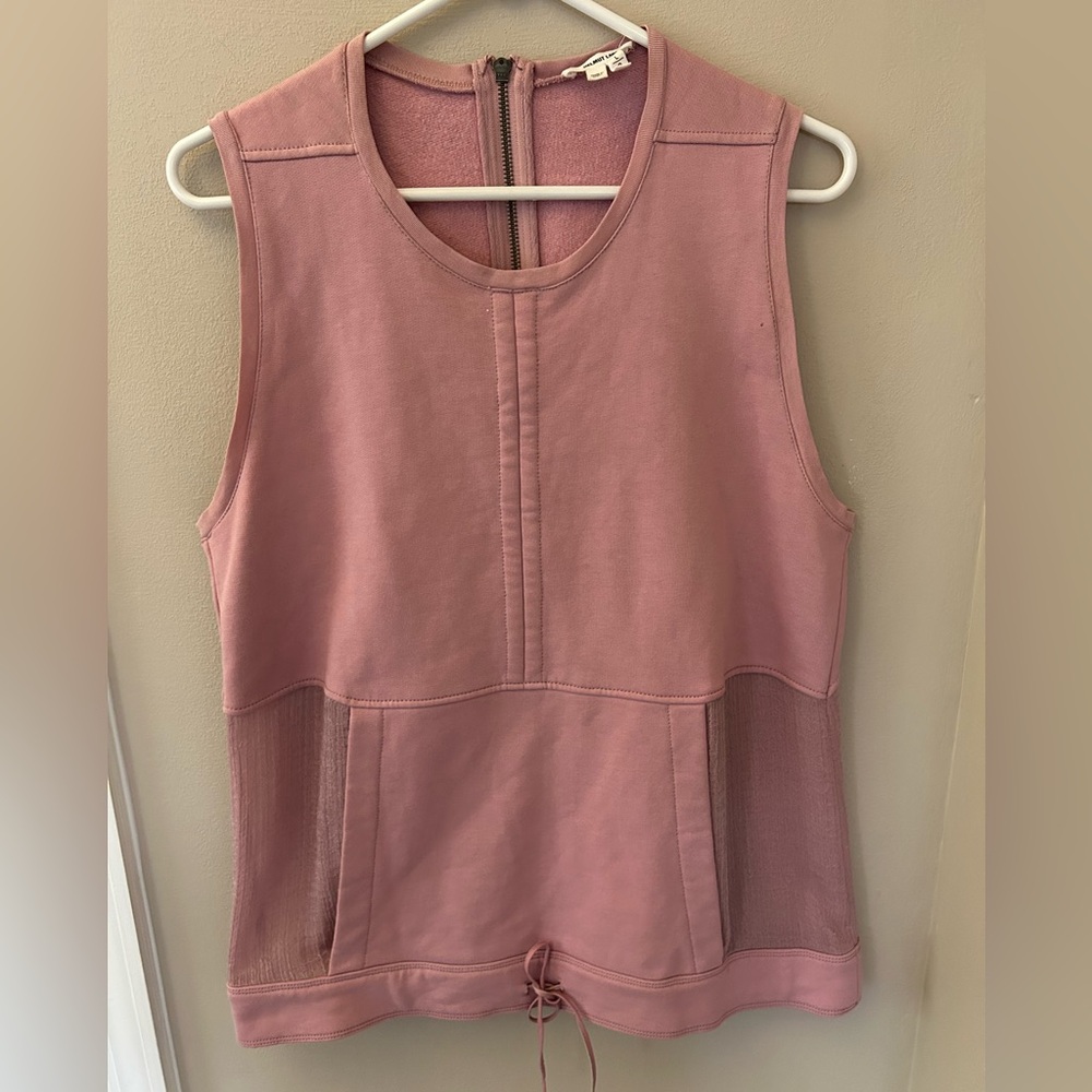 HELMUT LANG MAUVE/PINK SLEEVELESS TOP WITH DRAWSTRING, FRONT POCKET SIZE LARGE
